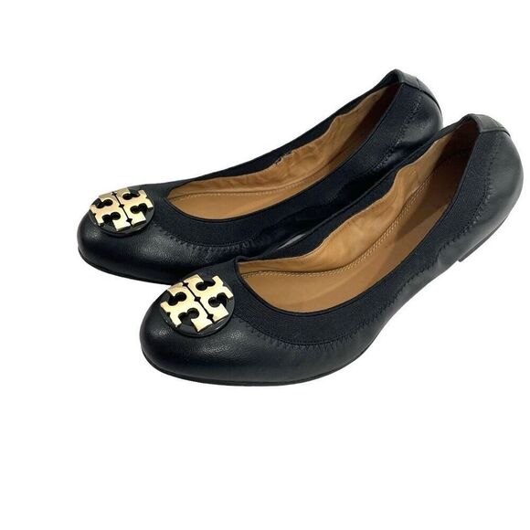 NEW Tory Burch Claire Elastic Ballet Flats Size 7‎ black big logo designer - Picture 1 of 7